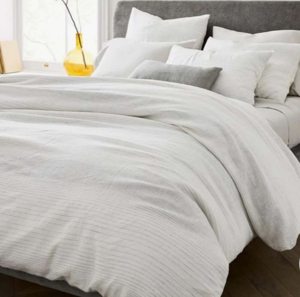 West Elm European Flax Linen Graduated Stripe Asphalt Gray Duvet White Queen